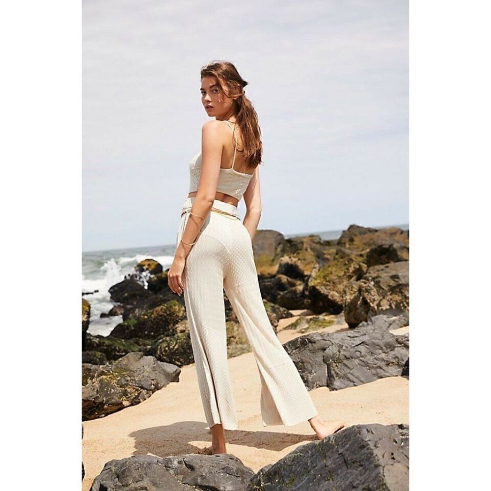 NEW FREE PEOPLE FP BEACH Sz S ANITA SWEATER SET KNIT CROP TOP WIDE LEG PANT SET - Picture 2 of 3